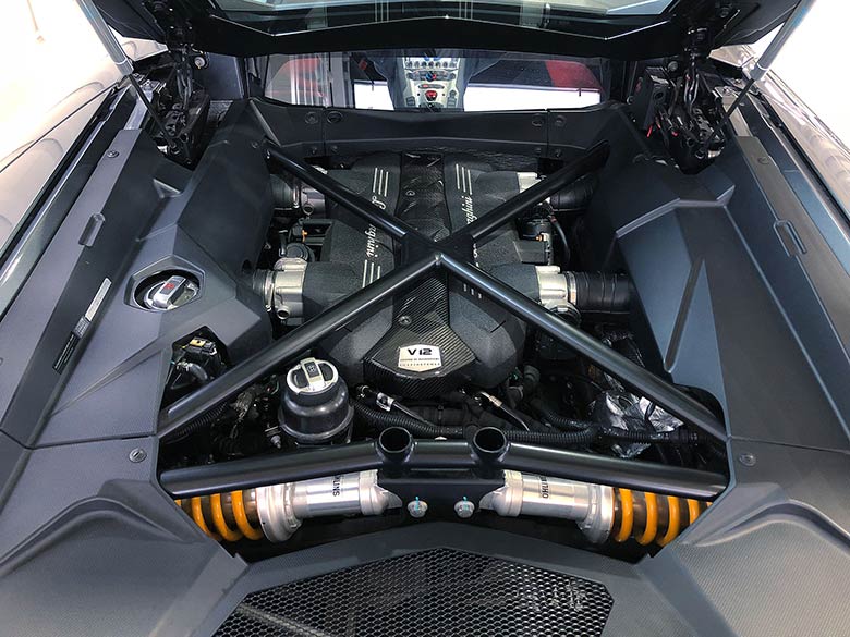 カーボンパーツも装着されたエンジンルーム (13/18枚) ランボルギーニ アヴェンタドール LP700-4 グレーメタリック MY2012